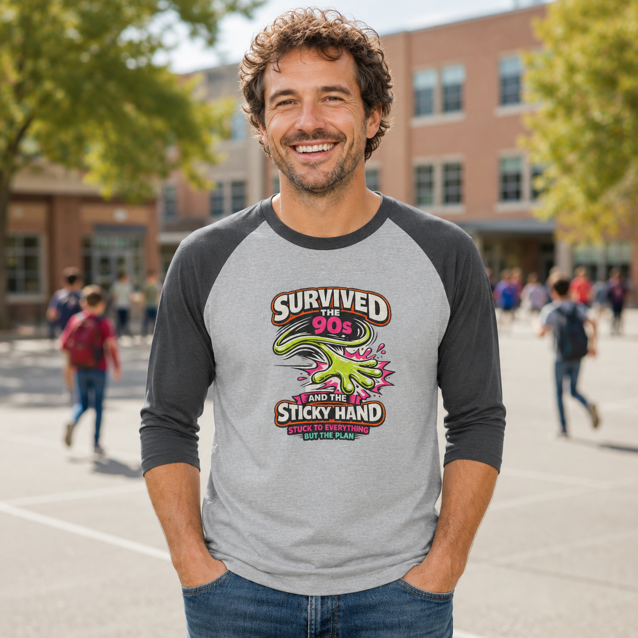 Survived the 90s Sticky Hand Unisex 3/4 Sleeve Raglan Shirt