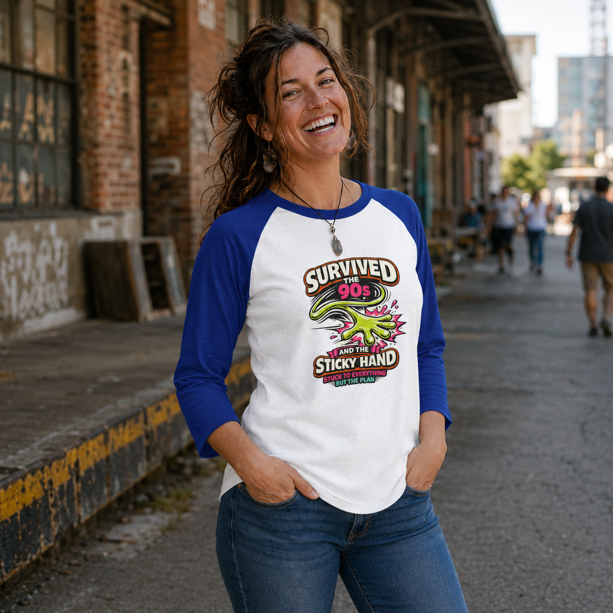 Survived the 90s Sticky Hand Unisex 3/4 Sleeve Raglan Shirt