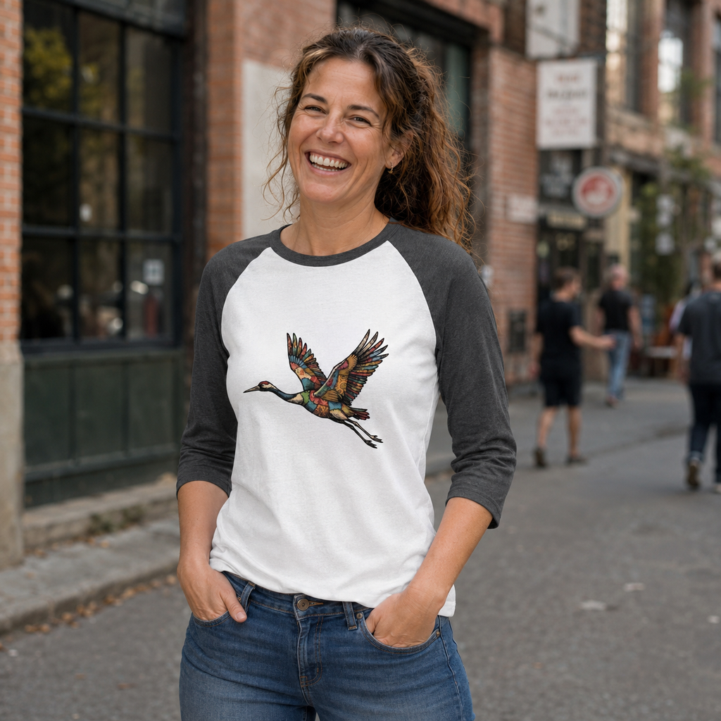 Patchwork Crane Unisex 3/4 Sleeve Raglan Shirt