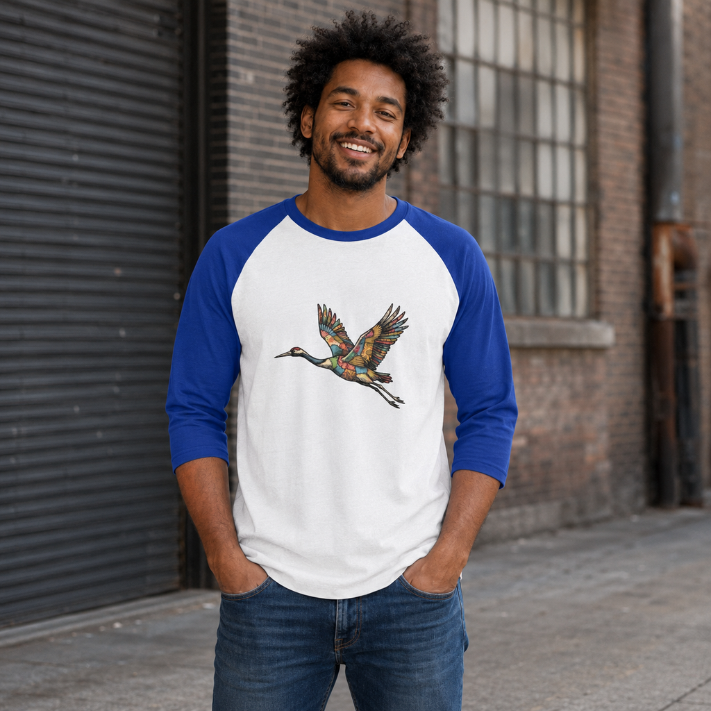 Patchwork Crane Unisex 3/4 Sleeve Raglan Shirt