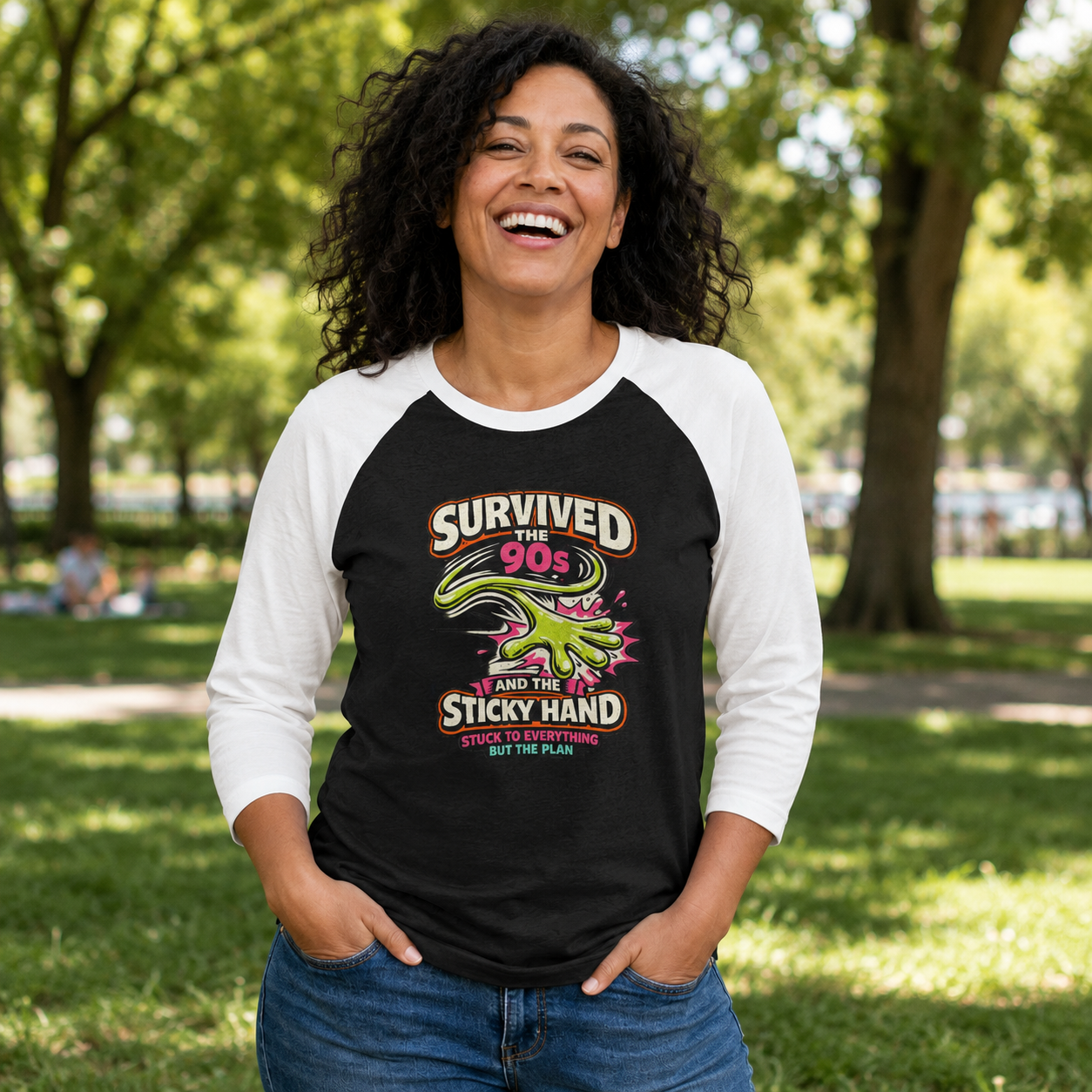 Unisex Survived the 90s Sticky Hand 3/4 Sleeve Raglan Baseball Shirt