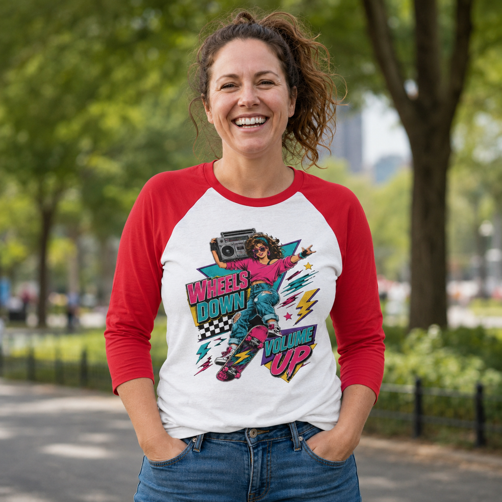 Wheels Down, Volume Up Women’s Raglan Tee