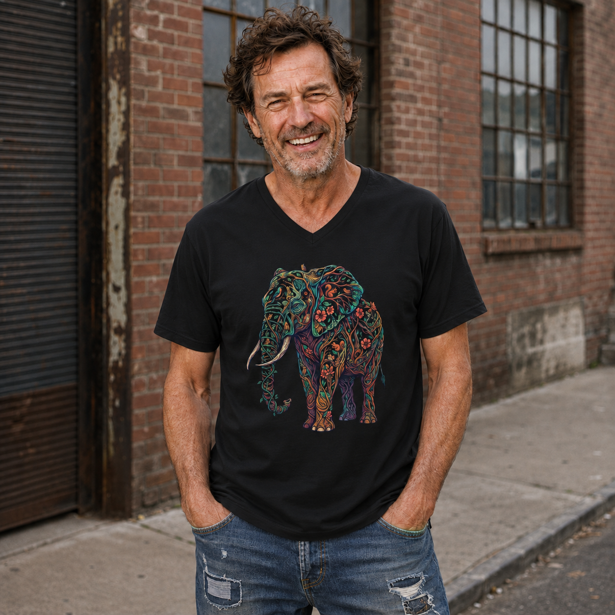 Ornamental Elephant V-Neck T-Shirt