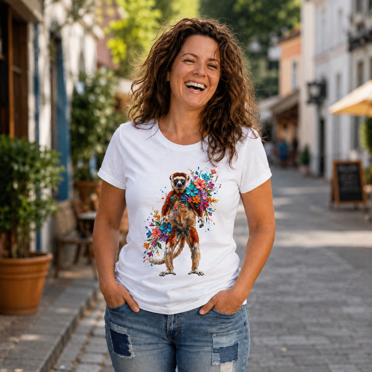 Lemur in Bloom - Colorful Round Neck T-Shirt