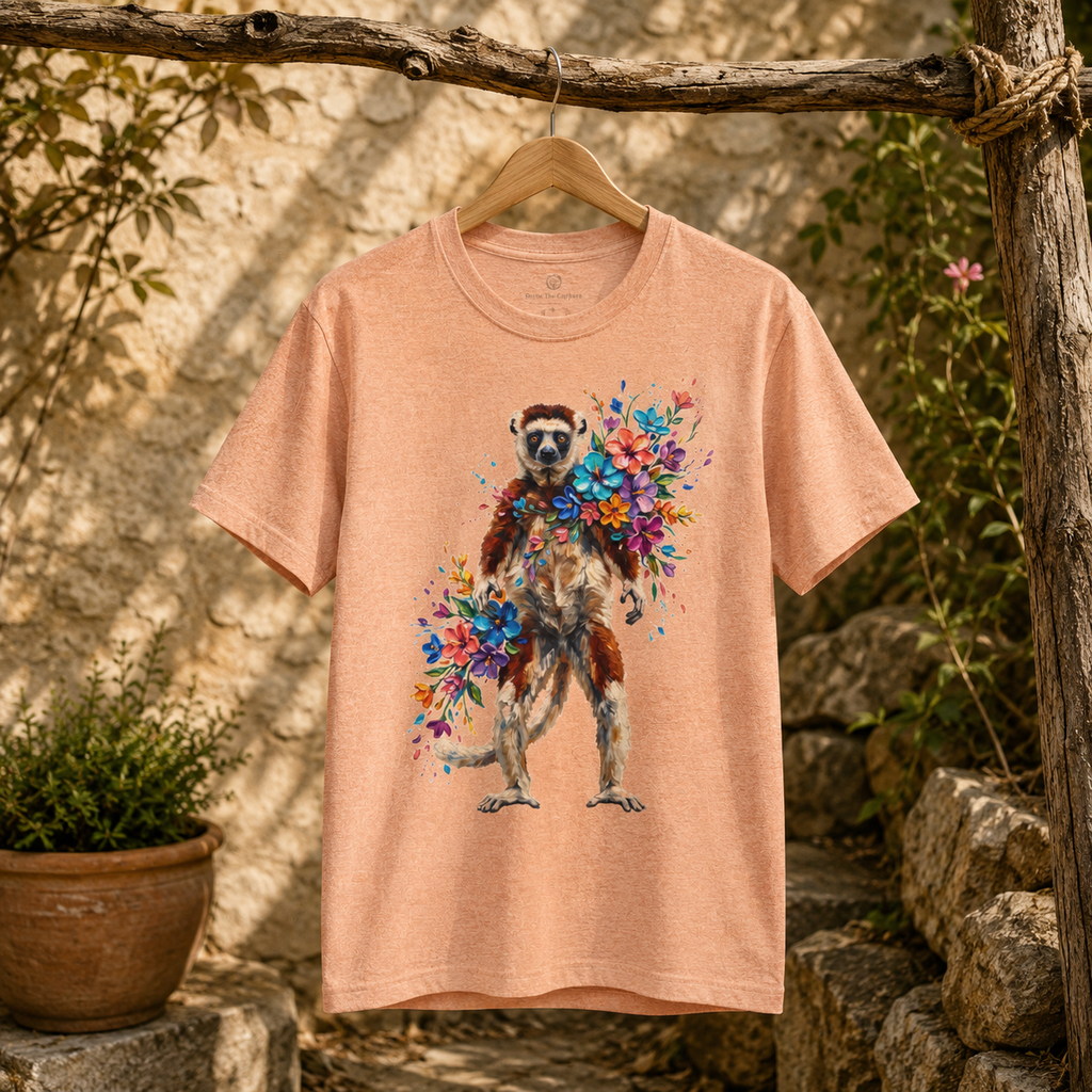 Lemur in Bloom - Colorful Round Neck T-Shirt