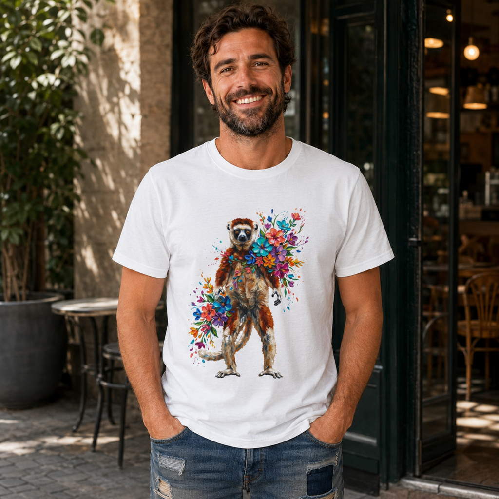 Lemur in Bloom - Colorful Round Neck T-Shirt