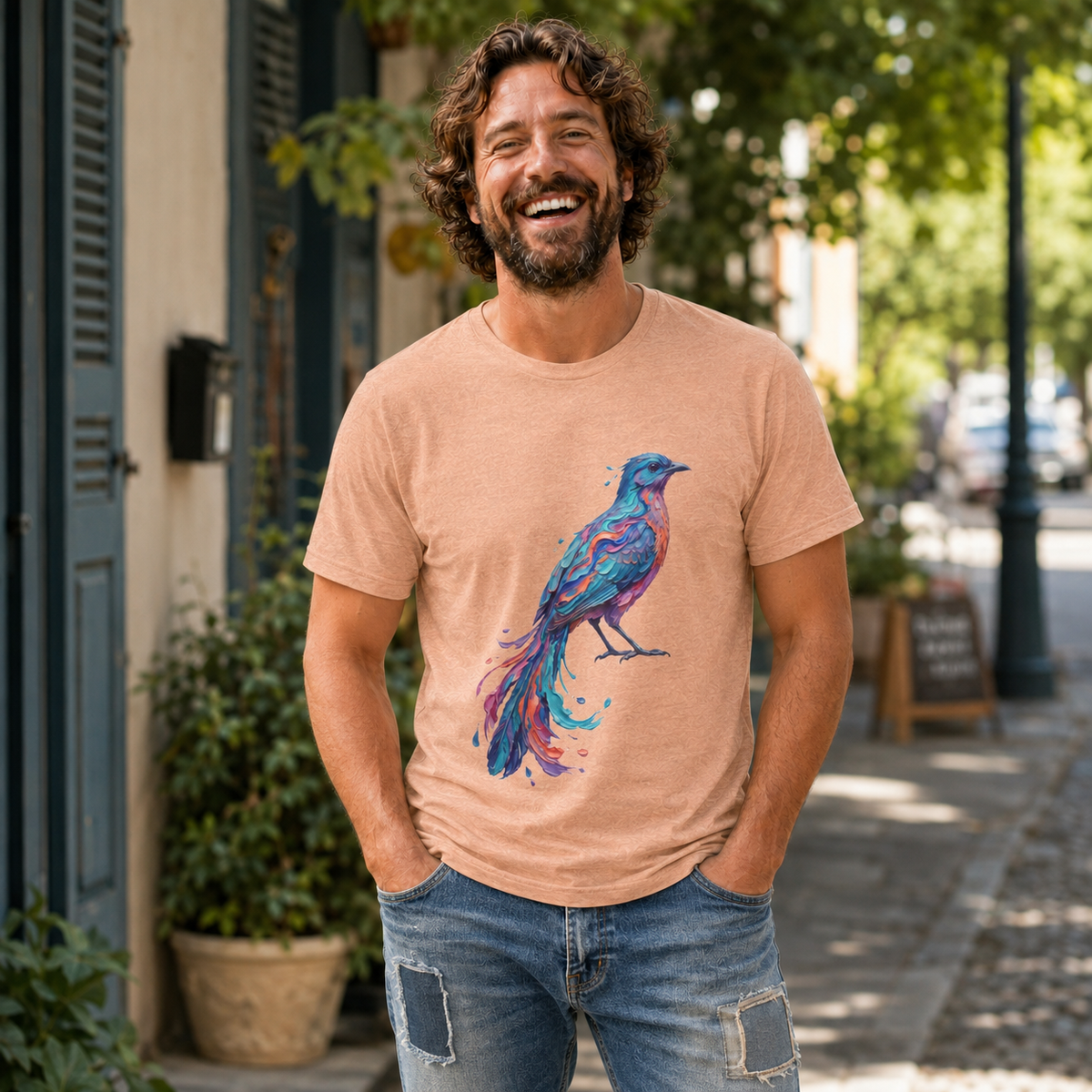 Long-Tailed Bird in Color Round Neck T-Shirt