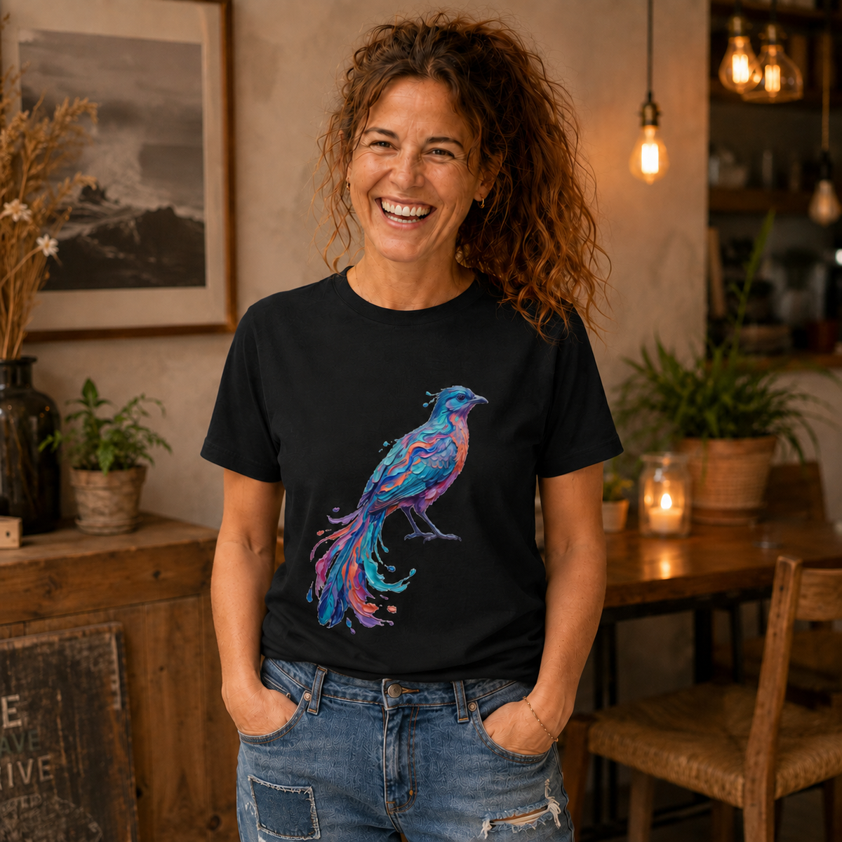 Long-Tailed Bird in Color Round Neck T-Shirt