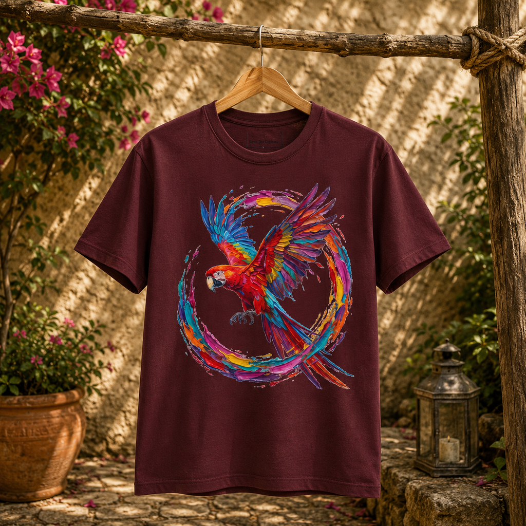 Macaw in Full Flight - Colorful Round Neck T-Shirt