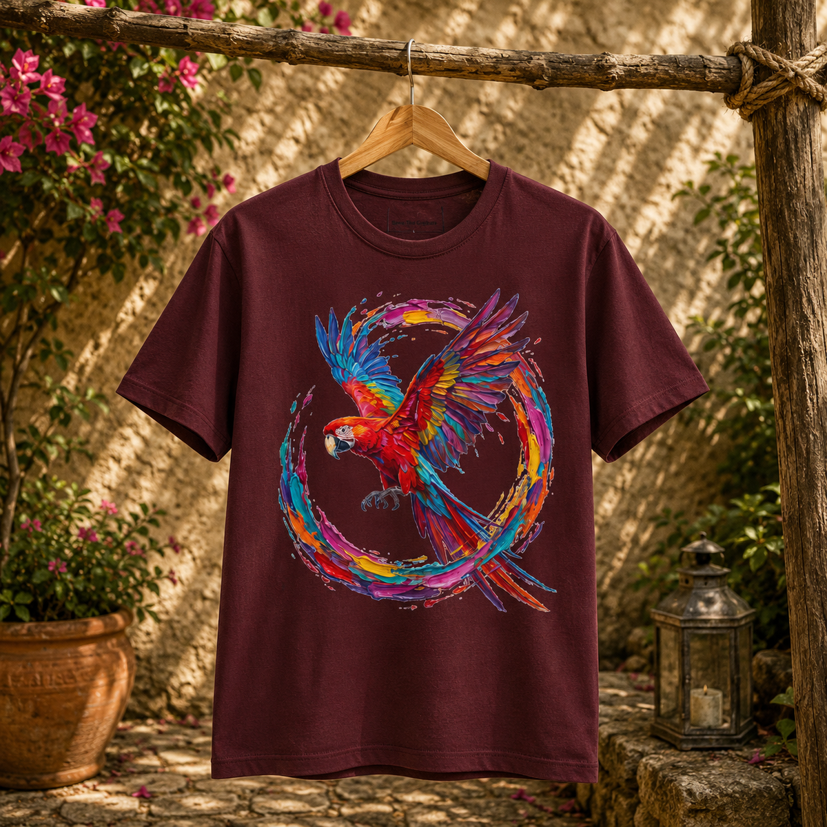 Macaw in Full Flight - Colorful Round Neck T-Shirt