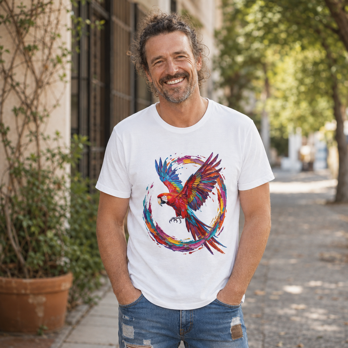 Macaw in Full Flight - Colorful Round Neck T-Shirt