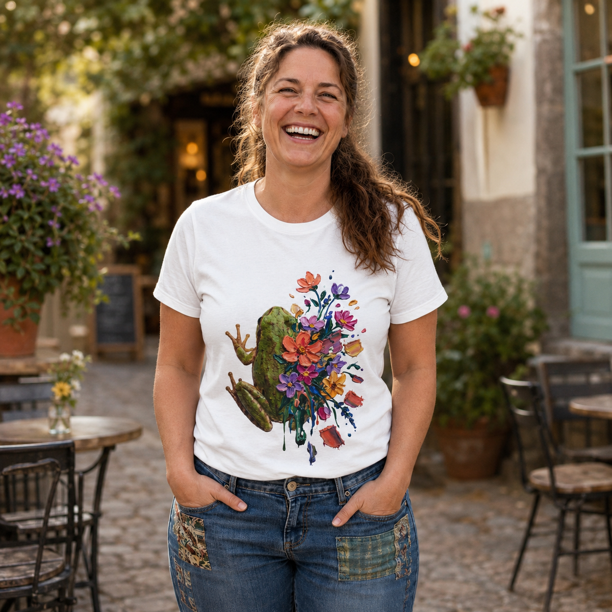 Frog in Bloom - Colorful Round Neck T-Shirt