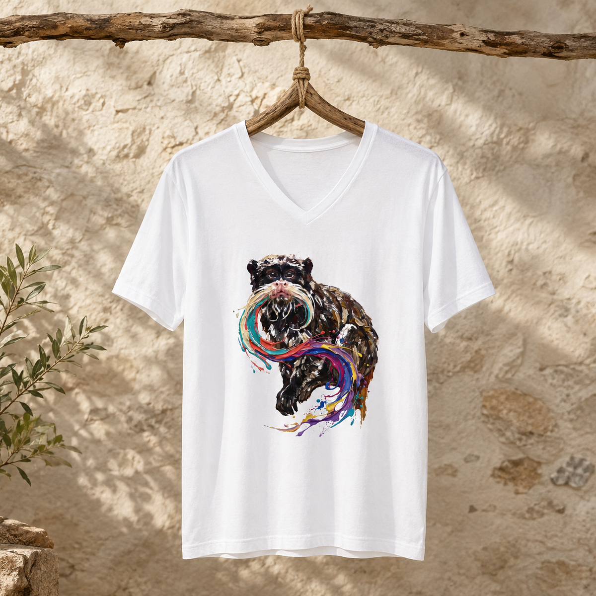 Emperor Tamarin in Motion V-Neck T-Shirt