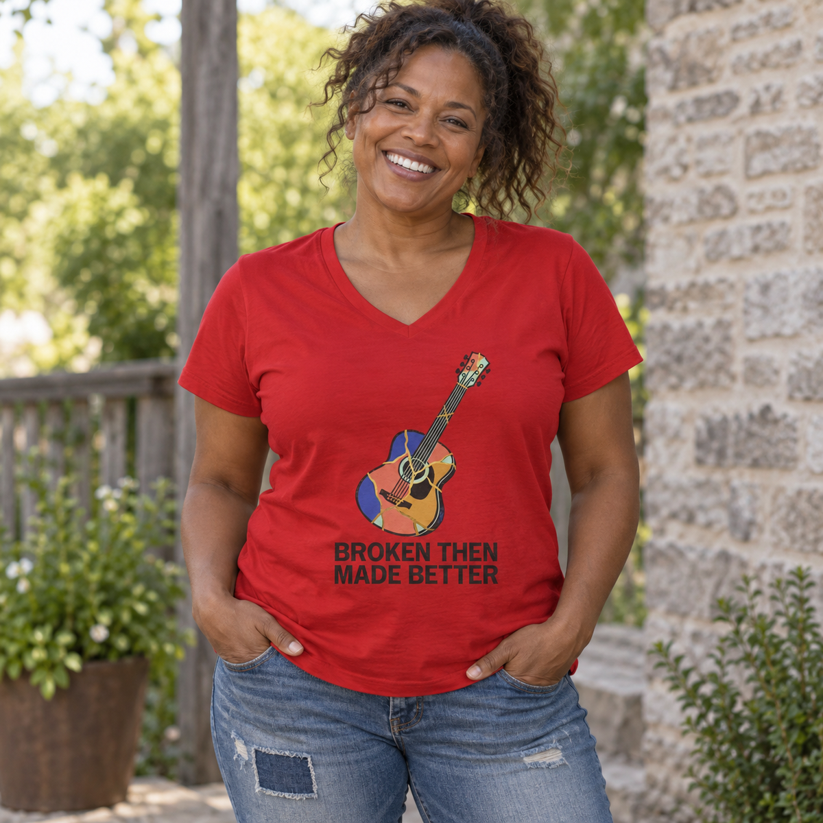 Broken Then Made Better Kintsugi Guitar Unisex V-Neck T-Shirt