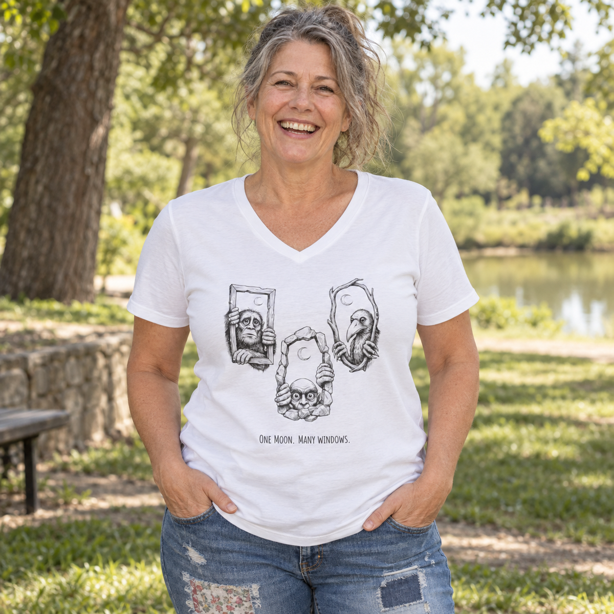 One Moon, Many Windows — Unisex V-Neck T-Shirt