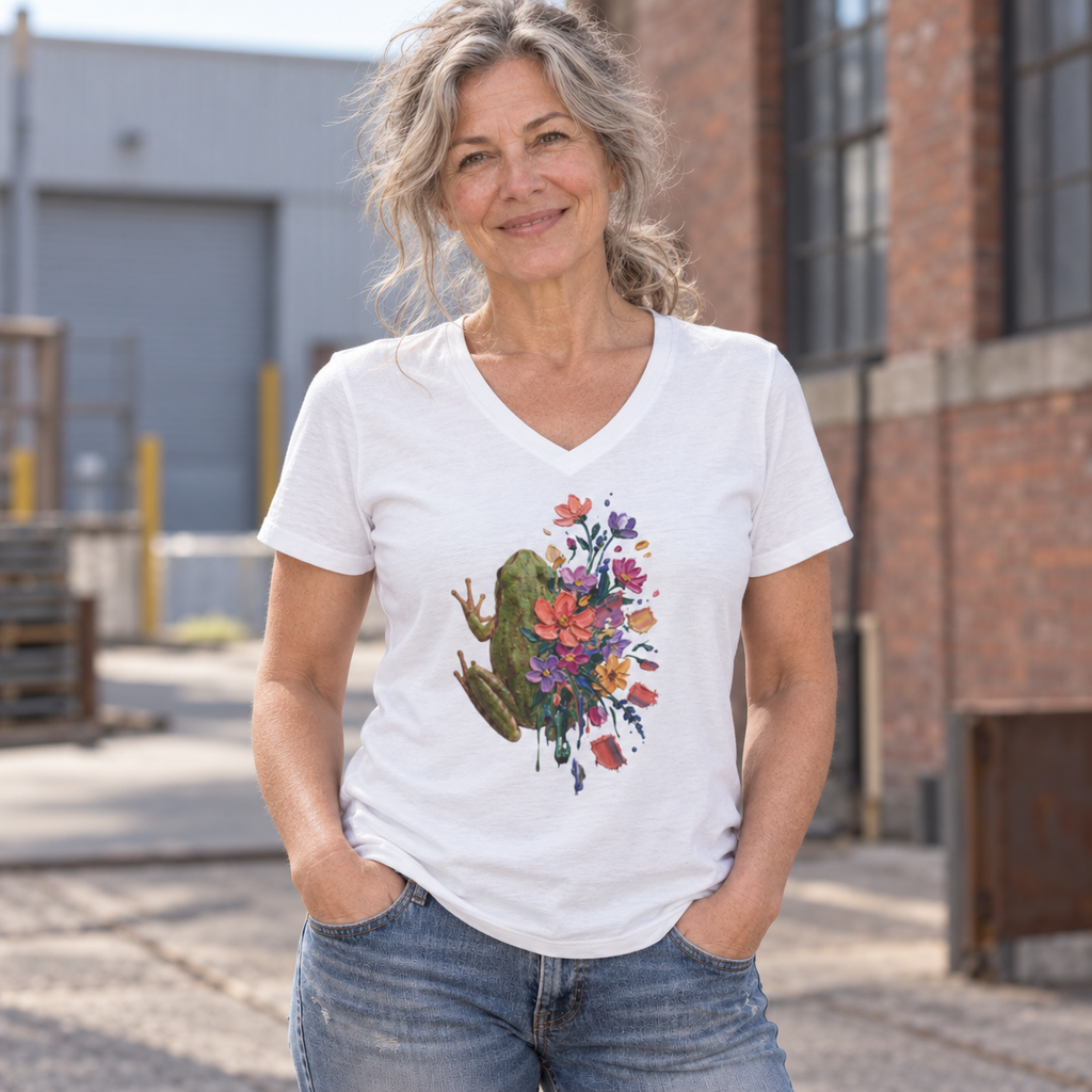 Frog in Bloom - Unisex V-Neck Graphic T-Shirt