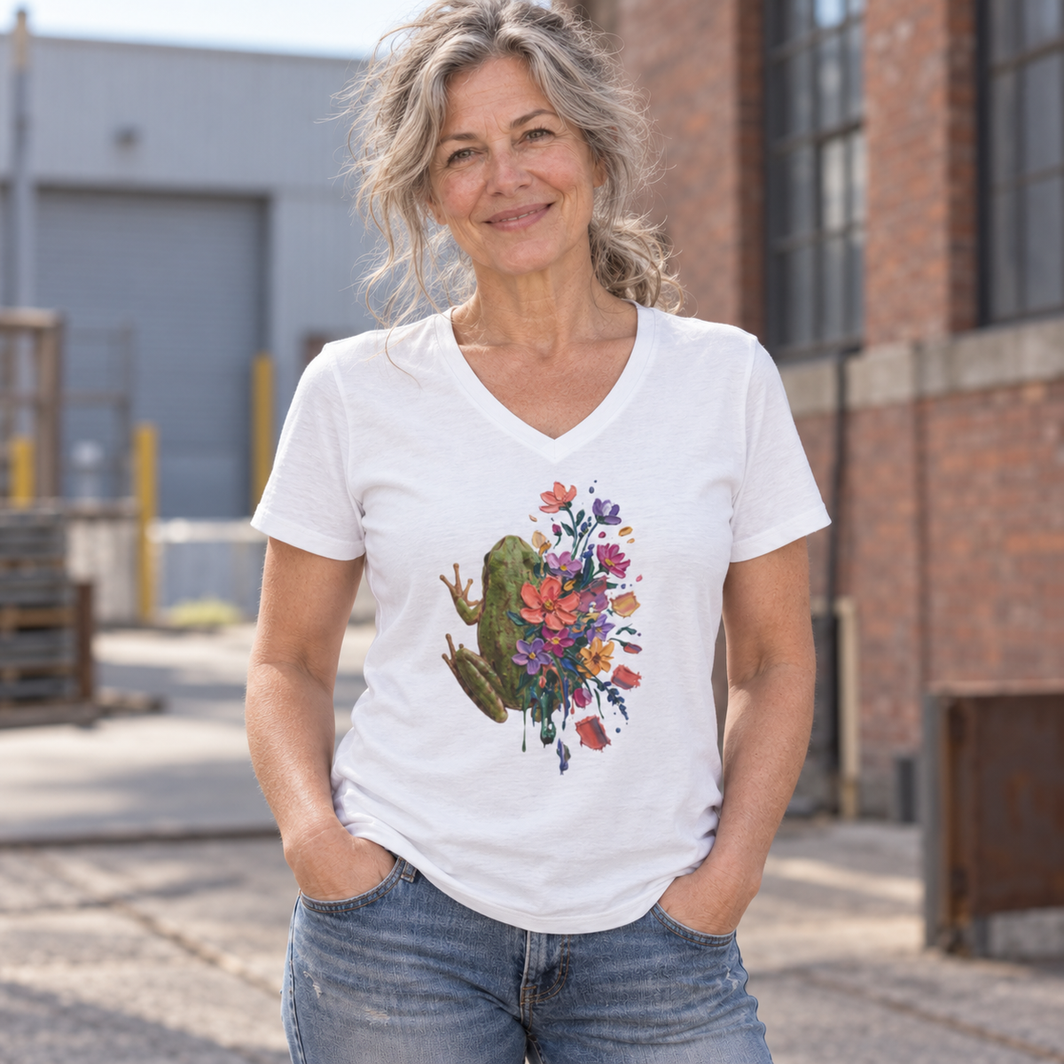 Frog in Bloom - Unisex V-Neck Graphic T-Shirt