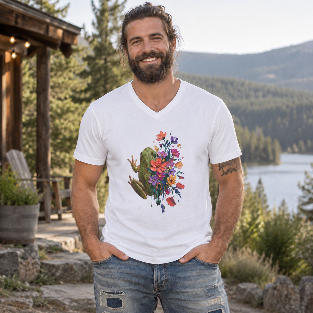 Frog in Bloom - Unisex V-Neck Graphic T-Shirt