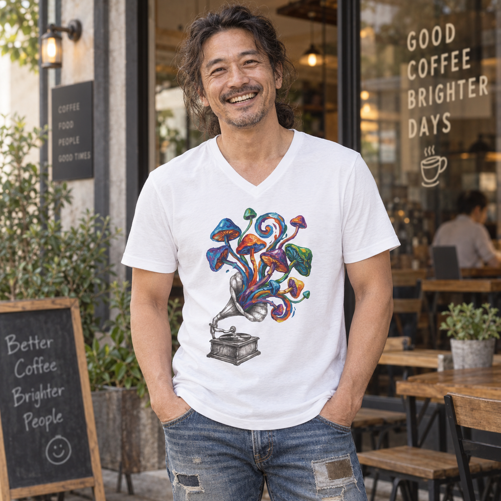 Mushroom Symphony — Unisex V-Neck Graphic T-Shirt