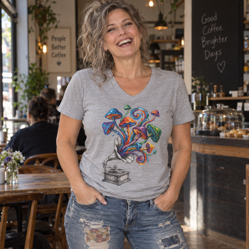 Mushroom Symphony — Unisex V-Neck Graphic T-Shirt