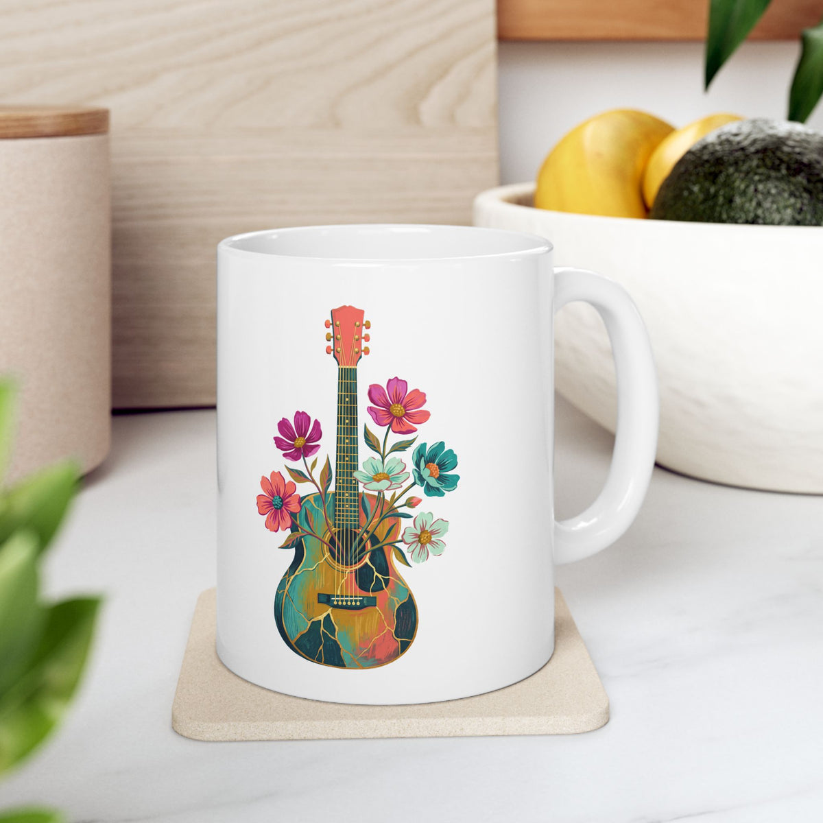 Floral Guitar Ceramic Mug – 11 oz