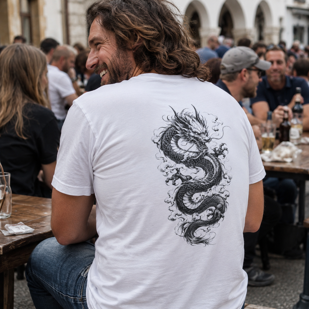Traditional Dragon Back Print Men's V-Neck T-Shirt